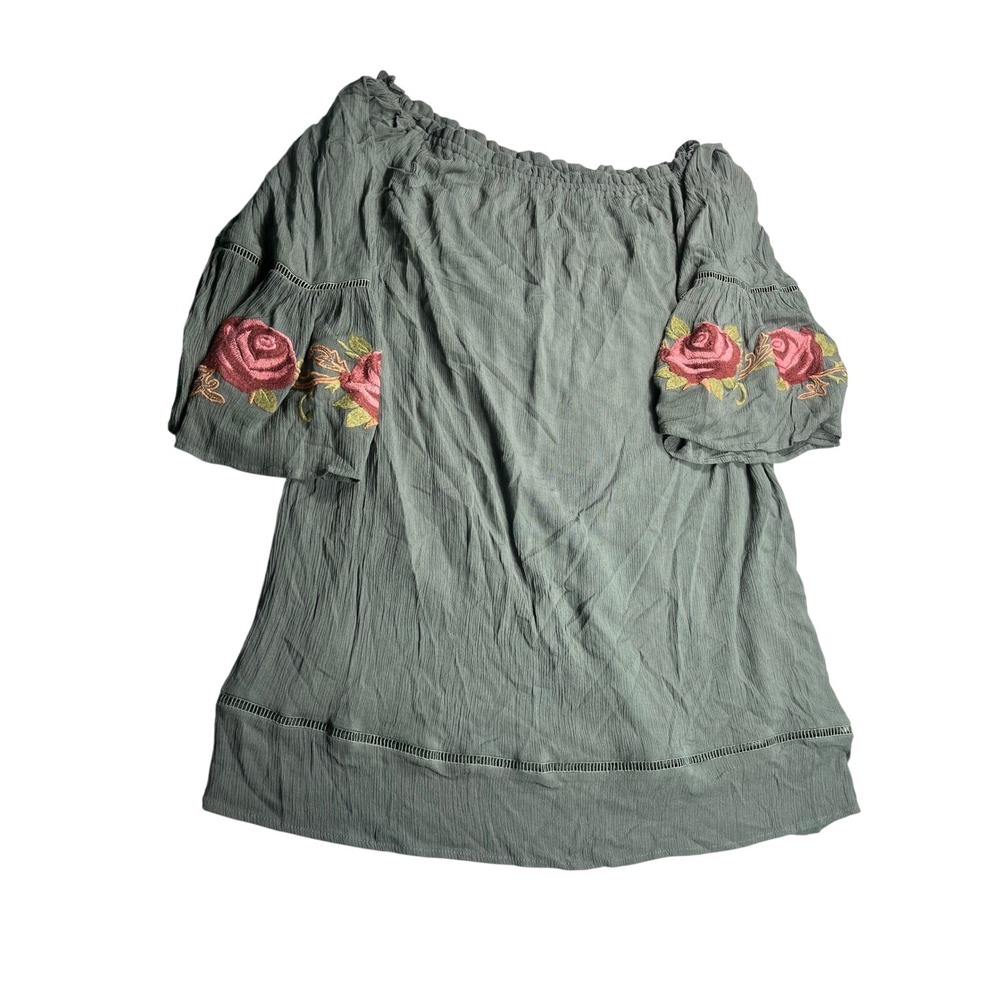 Knox Rose Dress L Sage Green Floral Embroidered Bell Sleeve Boho Peasant